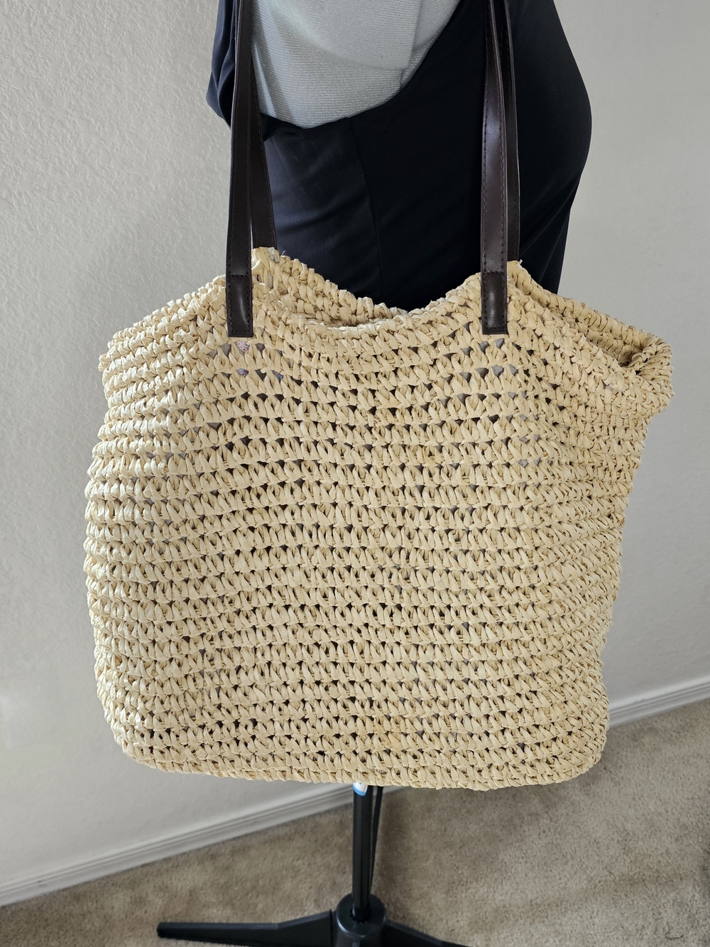 Natural Crochet Tote with Dark Brown Leather Handles